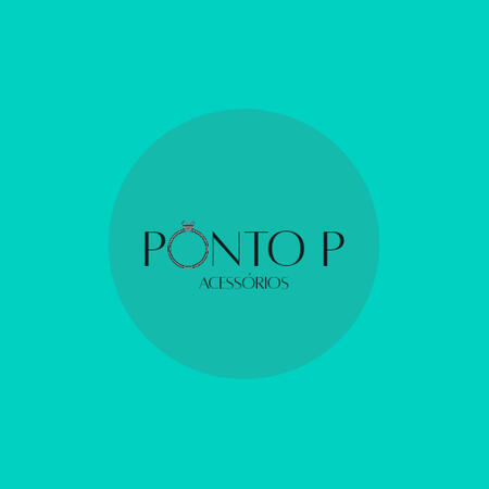 Design de logotipo para e-commerce de bijuterias e acessórios. "Ponto P Acessórios" está escrito em um círculo azul, com um fundo verde água, mas no "Ponto", um anel de prata com uma jóia parecida com um diamante substitui o primeiro "o".