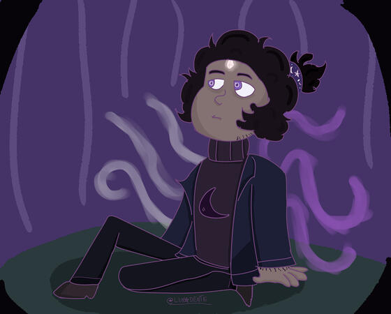 Fanart de uma AU de Steven Universe. Nessa AU, Steven é branco (um tom mais cinza e escuro), gordo, usa uma jaqueta azul escura, um suéter roxo com uma lua no meio e uma calça preta com botas marrons. ele tem uma "gem" branca na testa, e outra no peito.