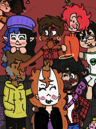 Meus personagens todos juntos no que parece ser uma foto. são 10, no total, se abraçando. O fundo parece ser um lugar com chão preto e paredes cor de vinho.