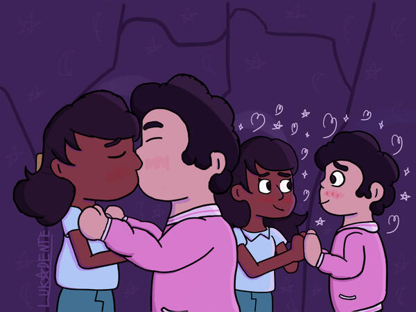 Ilustração feita por mim da cena do último episódio da série animada "Steven Universe Future", onde os personagens Steven e Connie se beijam pela 1º vez. No lado esquerdo estão os 2 se beijando, e no direito estão de mãos dadas.