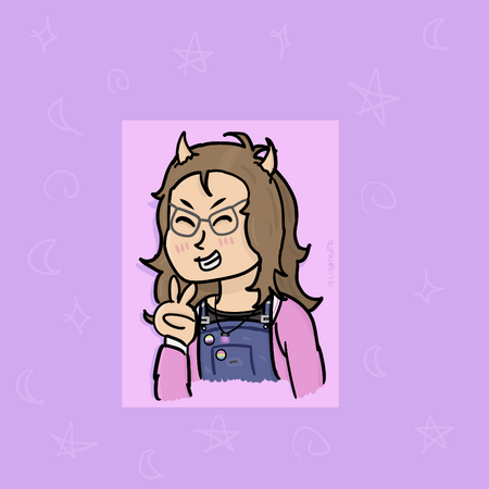 Uma ilustração de minhe persona, até o busto, sorrindo. ela é branca, magra tem cabelo curto castanho claro, chifres, e usa óculos, um colar de pedra de ametista, uma blusa preta, um macacão por cima, a jaqueta do Steven.