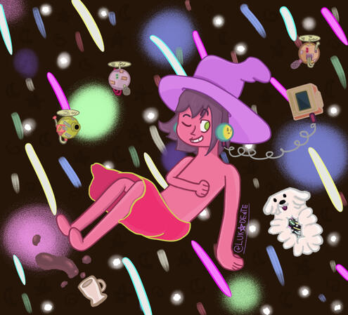 Fanart da série animada "The Midnight Gospel", nela o personagem principal Clancy está no centro, flutuando em um lugar que parece ser o espaço, com estrelas cadentes, luzes coloridas e estrelas. Ele está com a mão esquerda apoiada no abdômen, piscando, co