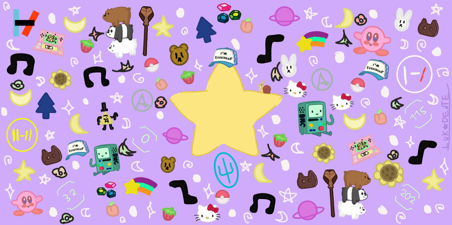 Ilustração com diversas referências de desenhos animados espalhadas em um fundo roxo com estrelas, e uma grande estrela amarela no centro.