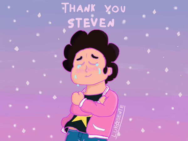 Fanart da série animada "Steven Universe", onde o personagem Steven está no centro, abraçando a si mesmo, com um sorriso, e os olhos fechados com lágrimas.