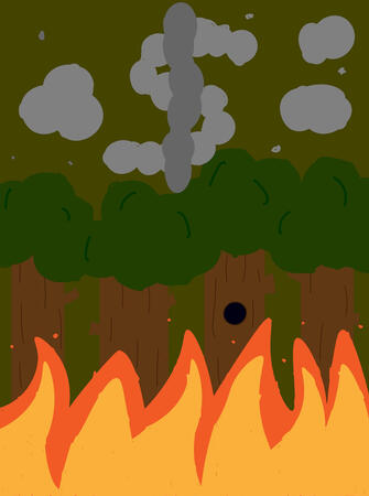Cartaz com arvores pegando fogo, com a fumaça em cima formando um cifrão.