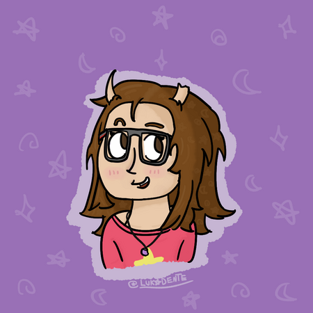 Uma ilustração de minhe persona, até o busto, sorrindo com a boca aberta. ela é branca, magra tem cabelo curto castanho claro e chifres, e usa óculos, um colar de pedra de ametista e uma blusa do desenho animado 'Steven Universe'. O fundo é um tom de roxo.