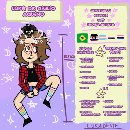 Um "Meet the Artist", onde estou eu, flutuando e parecendo sentade, e em cima de mim minha cadela Lola, uma Shi-Tzu. Acima de mim, um quadrado amarelo com meu nome inteiro (Luka De Giulio Aquino), e a minha direita, um retângulo amarelo com informações.
