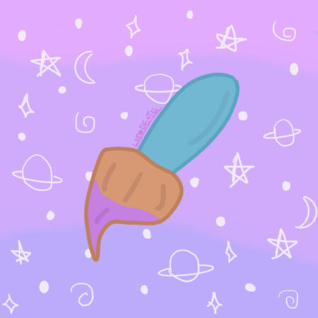 Um pincel de cabo azul esverdeado e cerdas marrons, pintado de roxo. O fundo é um degradê de rosa, roxo e azul com detalhes de rabiscos de estrelas, planetas, luas, espirais e brilhos (todos em tons pastéis).