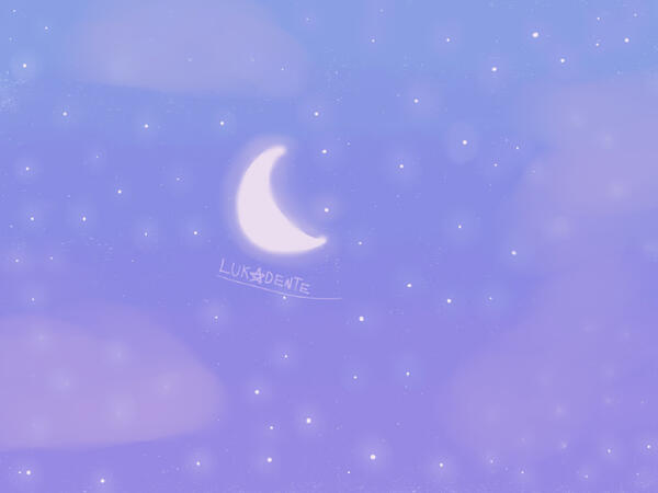 Ilustração de uma paisagem de céu noturno, em degradê azul e roxo, com nuvens em degradê rosa (2 na esquerda e 2 na direita) e estrelas com detalhe de brilho. No centro está a lua, na fase crescente, também com detalhes de brilho em volta dela.