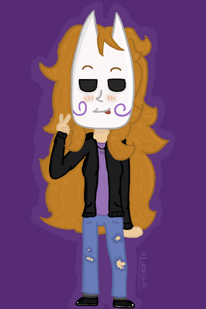 Minha OC Angel, de pé e fazendo o sinal da paz com a mão esquerda e com a língua pra fora. Ela é baixa, branca, tem cabelo longo castanho claro e usa uma máscara branca com detalhes de espiral roxos nas bochechas e com pontas no topo.