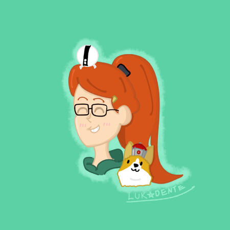 Ilustração do rosto da personagem Tulip, da série animada "Infinity Train", sorrindo de olhos fechados e com o corgi Atticus, que tem uma coroa de rei, e o robô branco em forma de bola One-One em sua cabeça. Tulip é branca, magra e tem cabelos ruivos preso
