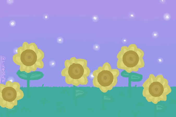 Paisagem noturna, sendo um degradê azul e roxo com estrelas brilhando, e um campo de girassóis.