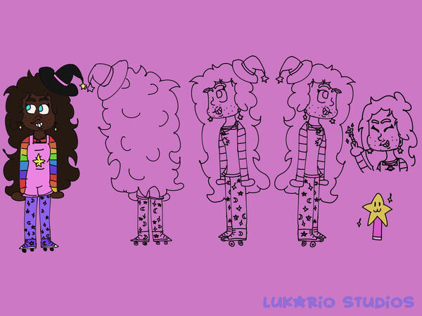 Minha personagem, Mag, com seus models não coloridos de costas, lados e uma pose alternativa, também mostrando sua varinha, rosa com detalhes em rosa claro e uma estrela sorridente na ponta. Ela é negra, magra, tem olhos azuis, cabelos longos crespos casta