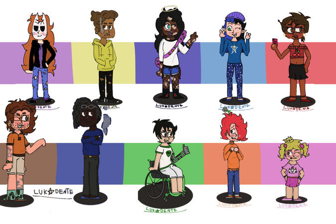 Folha de design de personagens, com todos os meus personagens antes apresentados, 10 ao todo (5 em cada fileira, 2 fileiras). Cada personagem tem uma faixa com sua cor principal ao fundo (Roxo, amarelo, índigo, azul, vermelho, marrom, azul escuro, verde, l