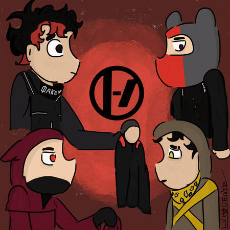 Uma fanart de Twenty One Pilots, com Josh na esquerda e Tyler na direita acima, e Tyler na esquerda e Josh na direita abaixo, ambos olhando um para o outro. Acima: Josh (Torchbearer) está entregando o casaco preto com fitas vermelhas nos ombros para Tyler