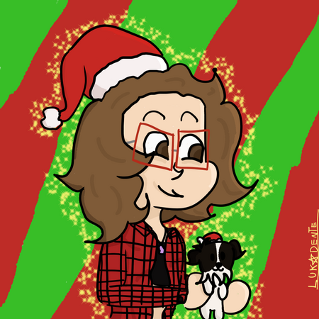Eu, com chapéu de natal, segurando minha cachorrinha Lola, uma shi-tzu. Eu sou branco, magro, tenho cabelo cacheado castanho claro, e uso óculos vermelhos, um binder de colete preto e uma blusa aberta xadrez vermelha, nós com chapéus de natal.