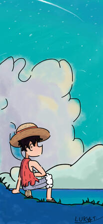 Na ilustração, está o protagonista do anime "One Piece", "Luffy", abaixado em um chão de pedra irregular com pequenos musgos, com a mão esquerda apoiada em uma parte mais elevada do chão de pedras, e o braço direito apoiado na perna esquerda.