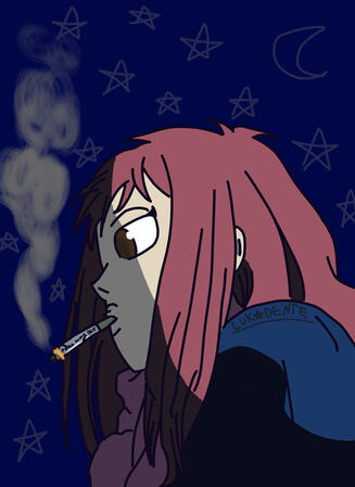 Fanart da cena do anime Flcl, onde uma garota asiática de cabelos médios lisos e avermelhados fuma um cigarro escrito "never knows best" nele, com os olhos semicerrados. Ela usa um casaco azul escuro e um cachecol rosa.
