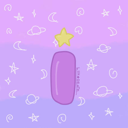 A letra "i", arredondada e da cor roxa, com o pingo do "i" sendo uma estrela amarela. O fundo é um degradê de rosa, roxo e azul com detalhes de rabiscos de estrelas, planetas, luas, espirais e brilhos (todos em tons pastéis).