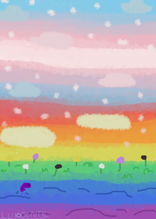 Pôster com as cores da bandeira LGBTQIA+ em uma paisagem.