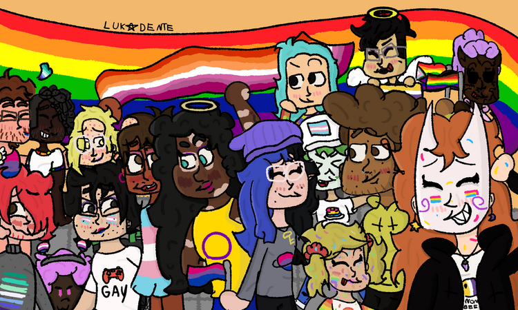 Meus personagens na parada LGBTQ+, com Angel na frente segurando a bandeira LGBT. Todos estão espalhados pela cena, sorrindo.