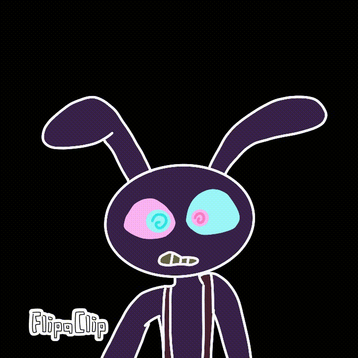 Animação 2D do personagem Jax, de "The Amazing Digital Circus", na cena em que quase enlouquece, com lágrimas nos olhos e abraçando os próprios braços.