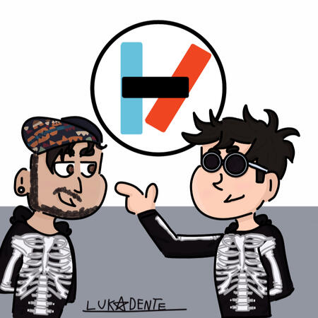 Fanart do álbum "Vessel", da banda "Twenty One Pilots", onde Tyler está do lado esquerdo, sorrindo com o olho direito fechado, apontando com sinal de "arminha" para Josh, do lado direito, que está sorrindo com olhar tranquilo para Tyler, de Óculos escuros.