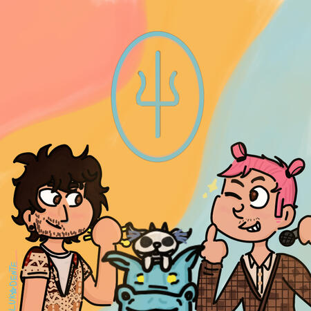 Fanart do álbum "Scaled and Icy", da banda "Twenty One Pilots", onde Tyler está do lado esquerdo, sorrindo, olhando para Josh e segurando um microfone com sua mão esquerda, e Josh está do lado direito, sorrindo, segurando suas baquetas amarelas.