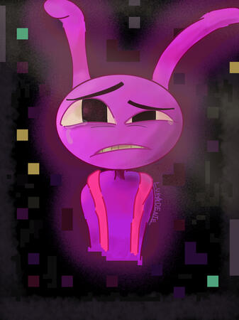 Pintura digital do personagem "Jax", de "The Amazing Digital Circus", olhando paca cima e chorando, em um fundo bugado e escuro.