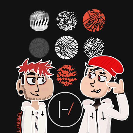 Uma fanart do álbum "Blurryface", da banda "Twenty One Pilots", onde Tyler está do lado esquerdo, sorrindo com os olhos semi-cerrados, fazendo um sinal de "arminha" contra a própria cabeça e olhando para Josh, do lado direito, olhando para Tyler.