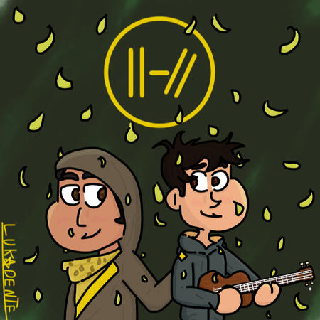 Fanart do álbum "Trench", da banda "Twenty One Pilots", onde Tyler está do lado esquerdo, sorrindo, olhando para Josh e segurando seu ukulele, e Josh está do lado direito, sorrindo, com o braço esquerdo nas costas de Tyler olhando para ele.