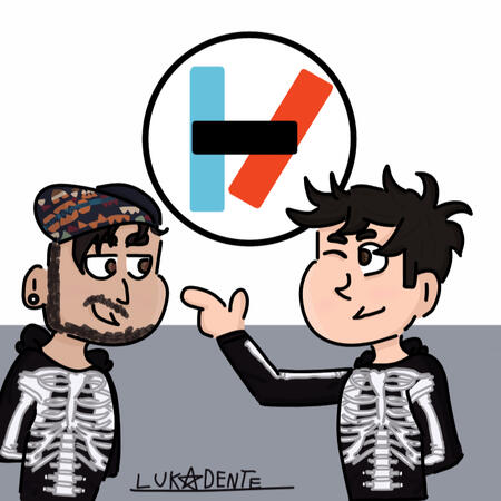 Fanart do álbum "Vessel", da banda "Twenty One Pilots", onde Tyler está do lado esquerdo, sorrindo com o olho direito fechado, apontando com sinal de "arminha" para Josh, do lado direito, que está sorrindo com olhar tranquilo para Tyler.