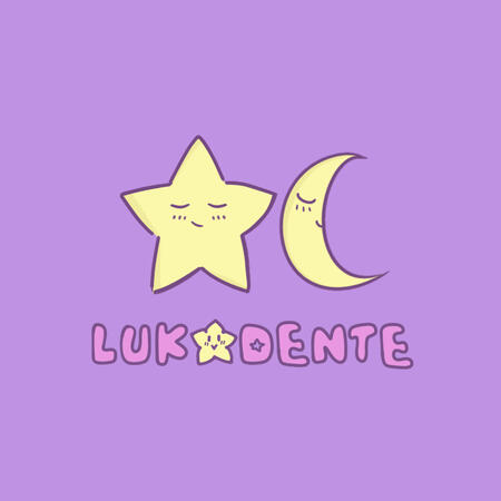 Uma estrela (na esquerda) e uma lua (na direita) amarelas sorridentes e "Lukadente" escrito em rosa, com uma estrela amarela