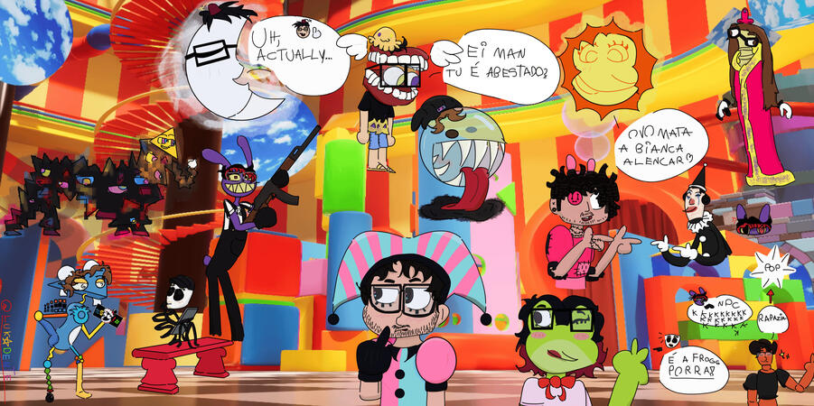 Fanart de YouTubers como personagens do Web Cartoon "The Amazing Digital Circus": Gemaplys como a Pomni, Umild como Zooble, Kellerzons como a Gangle, scottonauta como o Jax, Daishikawa como um enlouquecido, Pk como a Lua, Feh Dubs como o Sol, Saiko como o