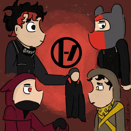 Uma fanart de Twenty One Pilots, com Josh na esquerda e Tyler na direita acima, e Tyler na esquerda e Josh na direita abaixo, ambos olhando um para o outro. Acima: Josh (Torchbearer) está entregando o casaco preto com fitas vermelhas nos ombros para Tyler
